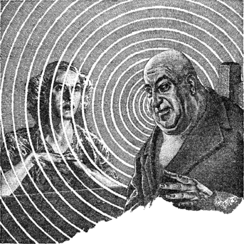 Pulp illustration of man hypnotizing a woman