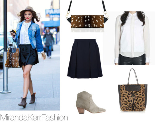Miranda wore this J brand white button up, a sold out denim jacket from isabel marant, this exact alexander wang tote in this exact deer pattern, &amp; these isabel marant dicker boots in grey. Here are some similars to her navy skirt! 1  2  3  4
