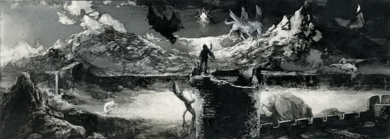 
MANFRED  CONJURING  THE  SPIRITS
Santiago Caruso / Ink & scratching over paper / 74 cm x 26, 3 cm / 2012
