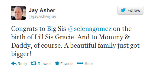 Jay Asher gives his congrats to Selena and her family!