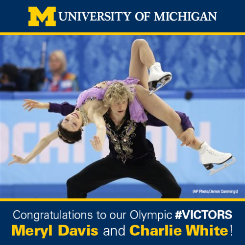 umichadmissions:<br /><br />Congratulations to University of Michigan juniors Meryl Davis and Charlie White on the first ever US Ice Dancing gold medal!<br />