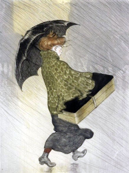 Woman reader in the rain / Lectora bajo la lluvia (ilustración de Theophile Alexandre Steinlen)