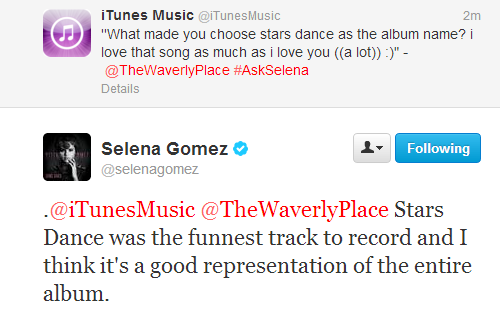 @selenagomez:.@iTunesMusic @TheWaverlyPlace Stars Dance was the funnest track to record and I think it’s a good representation of the entire album.