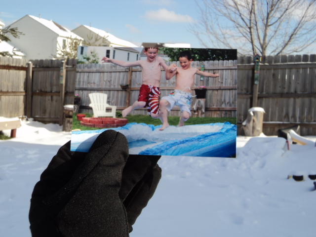 Dear Photograph,
My boys have the winter time blues. Snow has finally arrived in Columbus, Ohio and they are already asking when will we be setting up the pool in the backyard again&#8230;I&#8217;m thinking it will be a while&#8230;
Dabir