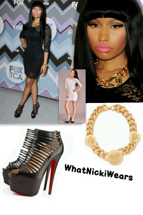 Nicki wore a Big Drop NYC lace dress (which is no longer available but similar to the white dress), a Versace Medusa necklace and Christian Louboutin zoulou pumps.

Link for white dress: http://www.bigdropnyc.com/product.asp?lt=d&amp;deptid=9738&amp;sec=clothing&amp;pfid=BDP02385