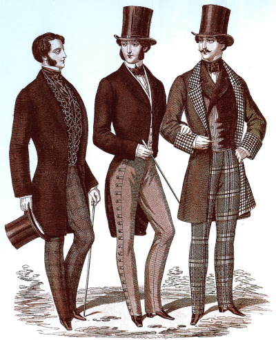 The 1850s in men&#8217;s fashion.

Tall top hats were worn with formal dress and grew taller on the way to the true stovepipe shape, but a variety of other hat shapes were popular. Soft-crowned hats, some with wide brims, were worn for country pursuits. The bowler hat was invented in 1850 but remained a working-class accessory.