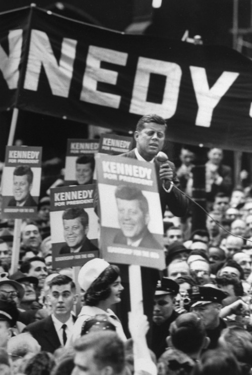 Sen. John F. Kennedy and wife Jackie campaigning for President.