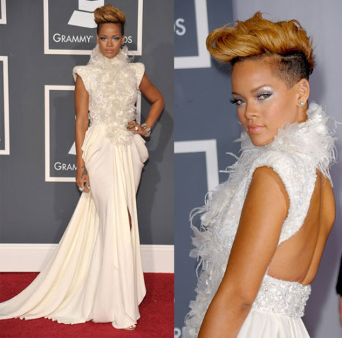 Rihanna rocked a Victorian backless feathered ensemble at the Grammy 