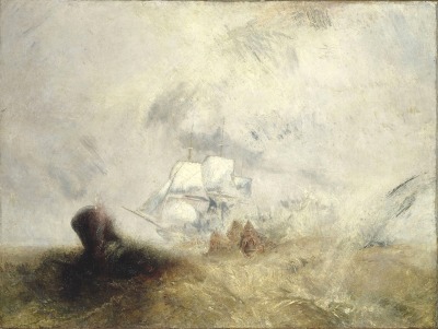 J. M. William Turner, The Whale Ship, 1845&#160;
Turner was seventy years old when he first exhibited &#8220;The Whale Ship&#8221; at the annual Royal Academy exhibition of 1845. The painting was praised by some but derided by many; critics in both camps acknowledged that the subject matter might seem elusive at first glance. English novelist William Thackeray explained to readers of &#8220;Fraser&#8217;s Magazine&#8221;: &#8220;That is not a smear of purple you see yonder, but a beautiful whale, whose tail has just slapped a half-dozen whale-boats into perdition; and as for what you fancied to be a few zig-zag lines spattered on the canvas at hap-hazard, look! they turn out to be a ship with all her sails.&#8221; It is thought that Turner painted this painting as well as three others dating to the same period (all, Tate, London) in the hope that they would appeal to Elhanan Bicknell, a collector of British art who had made his fortune in the whale-oil business. Supposedly, after examining &#8220;The Whale Ship&#8221; in his home, Bicknell was annoyed to find that Turner had finished the painting with touches of watercolors. The collector tried to rub out the watercolored areas with his handkerchief before returning the painting to the artist.