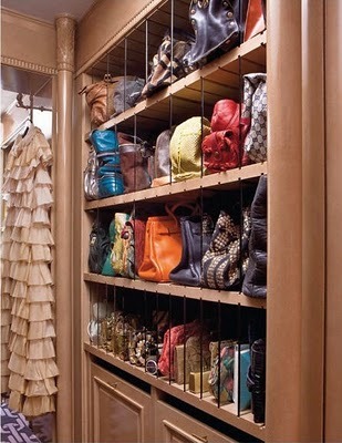 Great bag storage idea from Kelly Wearstler&#8217;s dressing room.
(&amp; other dressing room inspiration!)
~ via Habitually Chic