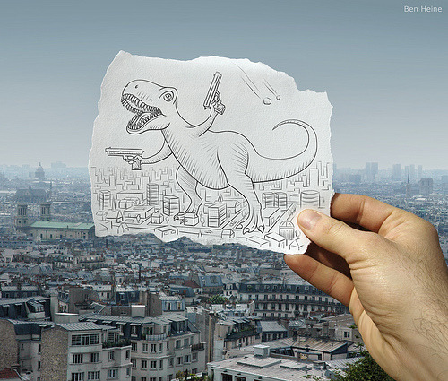 Pencil vs. Camera vs. A Dinosaur Rampaging Paris via Ben Heine