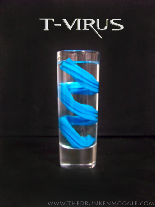 T-Virus (Resident Evil Shot)
Ingredients:3/4 shot Silver Rum1/4 shot Everclear1 Blue Twizzler  
Directions: Wind a blue Twizzler around a tall double shot glass.  It should stick to the sides of the glass.  Pour in the silver rum and top with the Everclear.  Drink, then eat the Twizzler for a sweet and tangy aftertaste. You will have to fish out the Twizzler with your finger after you drink, as it will still be stuck to the side of the shot glass.
This is part of a series of Resident Evil drinks I&#8217;ve been making.  More to come!(Original drink created and photographed by The Drunken Moogle.)