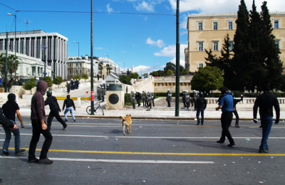 Greek Parliament at Syntagma sq. Amongst people against the police