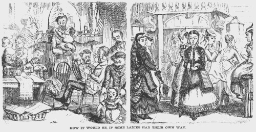A Civil War-era anti-feminist cartoon, captioned &#8216;How it would be if some ladies had their own way.&#8217;
One frame is filled with men engaged in tasks typically assigned to women, like sewing and caring for children.
The other frame shows women out and about in the streets. Two of the women in the frame are smoking and socialising. Scandalous!