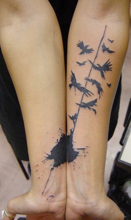  under black work graffiti bird forearm needles side tattoo 10 notes
