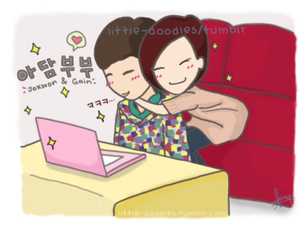 little-doodles:

Ga In: 고마워~
 Jo Kwon:ㅋㅋㅋ…
I love the ADAM COUPLE! &lt;333
