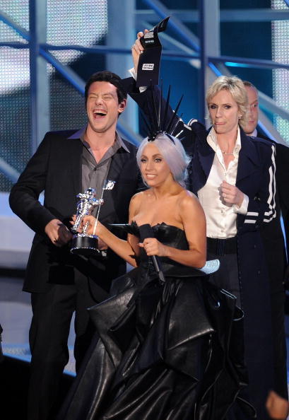 -lordvoldyfarts:   LOS ANGELES, CA - SEPTEMBER 12: Singer Lady Gaga (C) accepts the Best Pop Video award from actors Cory Monteith (L) and Jane Lynch (R) onstage during the 2010 MTV Video Music Awards at NOKIA Theatre L.A. LIVE on September 12, 2010 in Los Angeles, California. (Photo by Kevin Winter/Getty Images)  everything about this picture is amazing. 