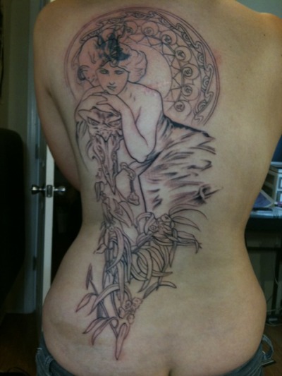 The emerald by Alphonse Mucha. Tattoo by Jason Louiselle, currently phoenix