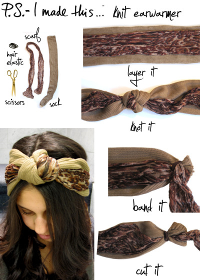 P.S.- you stand out, so why shouldn&#8217;t your accessories?  This is knot your typical ear warmer.  Take a DIY approach on the turban tie-up, add some sweetness, and P.S. your own version.  Get excited to craft and capture some street chic vibes.
For the foundation of the ear warmer, reach into your drawers and re-purpose a sock! If you&#8217;re like me and have a few &#8220;lone solider&#8221; socks, this is a great way to re-purpose them.  First, layer a thin scarf (or opt for a piece of fabric) on the sock.  Make sure the 2nd layered fabric is longer than the sock base.  Knot the two together, band the sides, trim with sharp scissors and you are ready to rock it. Secure in the back by tying the ends together. 