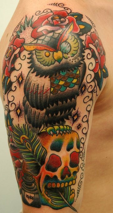 #tattoo owl, skull and peacock feather by aj lingerfeldt