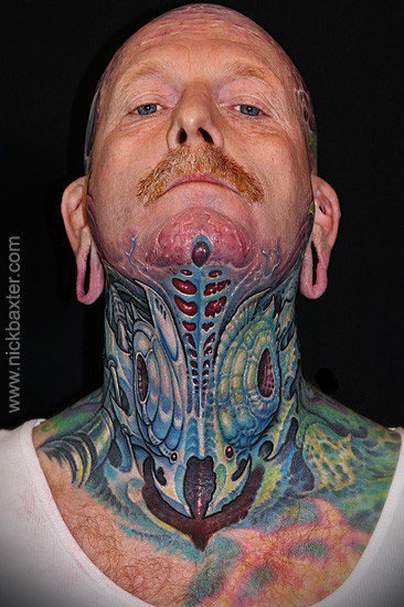 Nick Baxters and Guy Aitchison head and neck collaboration tattoo on Jack