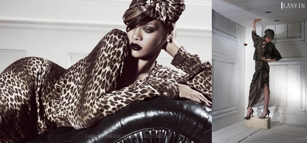 Rihanna for ELLE magazine in a Leopard detailed print silk dress and headscarf by Lanvin from the pre fall 2010 collection.