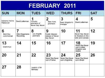 Updated February calendar of Justin Bieber events