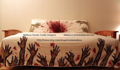 melissa-christie:

I never sleep aloneScreen printed Zombie arms with hand painted details, along with appliquéd hands on pillows.Designed by me -Melissa Christie ** http://www.etsy.com/people/christiemelissa **I want to thank all of you who liked my bedding, that is seriously awesome. I will be printing again really soon, I am located in Hamilton, Ontario Canada. I would be willing to ship over seas, as long as you don’t mind paying the shipping fee. I am shipping outside of Canada now, please check out my etsy for pricing.  Again, thank you so much!
