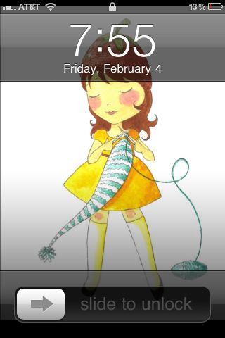 February 4 | I changed my lock screen wallpaper. This picture makes me happy for so many reasons: 1) The time 7:55pm, because sleepy boy Simon is now sleeping. 2) The day - Fridays are pretty awesome and 3) It’s a whimsical piece of art of a girl in a yellow dress knitting. Love! :)