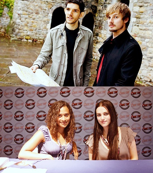 acrazyobsessedfangirl Bradley James and Colin Morgan Angel Coulby and Katie