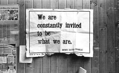 &#8220;We are constantly invited to be what we are.&#8221; 
Henry David Thoreau quote on newsprint by 
ancoraimparo (via crashinglybeautiful)