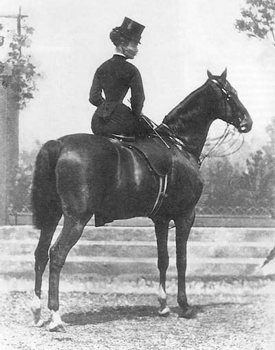 "Catherine ‘Skittles’ Walters, courtesan of Victorian London, noted horsewoman and famed for having the tightest riding-habit in Britain. (In Europe, only the Empress Elizabeth could compete with her for that.) Admirers watching her go by used to speculate on whether she had to be naked underneath."