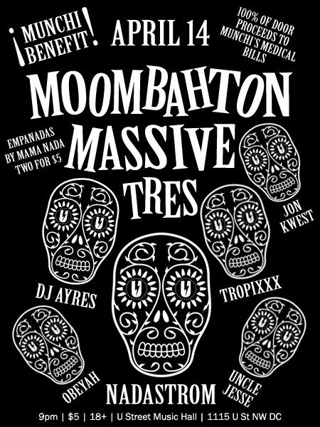 African flute - (obeyah moombahton edit) by obeyah MOOMBAHTON MASSIVE TRES IS FINALLY HERE!!!  If you’ve been around me within the past month, or at least follow me on twitter, you know I’ve been patiently waiting for this day.  It’s finally here and it feels like A Moombahton Christmas!  Come 9PM, I’ll be opening presents.  We’ve got a supa-heavy-hitter lineup at U Hall tonight, which consists of Dave Nada (the Moombahton King himself), DJ Ayres (The Rub), Billy the Gent & Cam Jus (aka Tropixxx), Uncle Jesse (BMORE REPRESENT!), Obeyah (DC) and Jon Kwest (Philly!).  It’s gonna be absolutely bananas.  On top of all that, Dave Nada’s mom, aka Mama Nada, will be making 200 empanadas for your snacking pleasures.  EMPANADA EXCLUSIVES!  You can find me tonight double-fisting empanadas and trying to dance all up on cute boys. :D But on a more serious note, this is all for our boy Munchi.  A few months ago, when he was in Hawaii, he had this freak seizure caused by a cerebral hemorrhage.  He was in a coma for nine hours and in the hospital for eleven days.  He’s from Rotterdam, so he doesn’t have any health insurance over here so you know how that’s going.  There was a campaign earlier this year to raise money for him to get him back to Rotterdam and to help pay his initial medical bills, and that was a HUGE success.  Moombahton Massive Tres is the next step in fundraising for Munchi, as all money raised tonight will go straight to Munchi’s benefit.  And if you’ve heard any of his tracks, you want him to keep making music.  Trust. Do your homework!  Check the Official Moombahton Headquarters for a really legit article about all the artists tonight.  Also, Nadastrom hooked us up with a free track in celebration for tonight, which you can scoop over at Tittsworth’s site.  The party starts at 9PM tonight and it’s gonna be a doozy for sure.  You might wanna make this.  Everybody you know will be there.