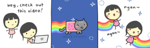 nyan cat. &lt;3 addicting music and a pop tart cat. it doesn&#8217;t get any better than that. 
&#8220;did this really happen?&#8221; of course it did, don&#8217;t be ridiculous. My sister and I sit opposite each other with a wall in between and a doorway so we can still talk and listen to music. xD She was listening to nyan cat while I was doing my research paper. Gotta love my sister. ;D &lt;3