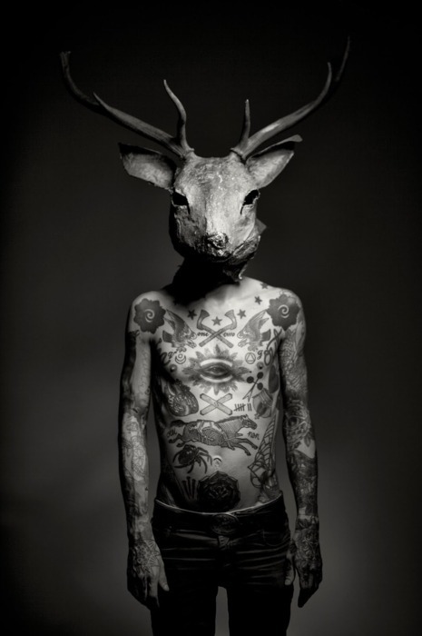  head mask masks antlers tattooed man shirtless tattoos tommy gun tattoo