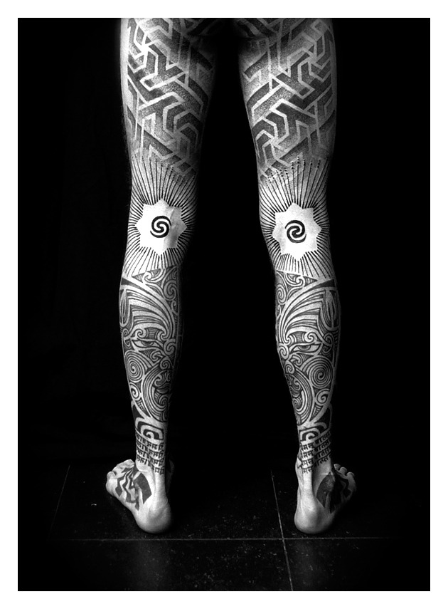 Custom Blackwork Dotwork Leg Sleeve Tattoos