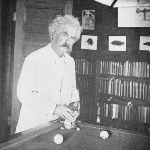 Mark Twain shooting pool with his kitty. They get their hair done in the same place.