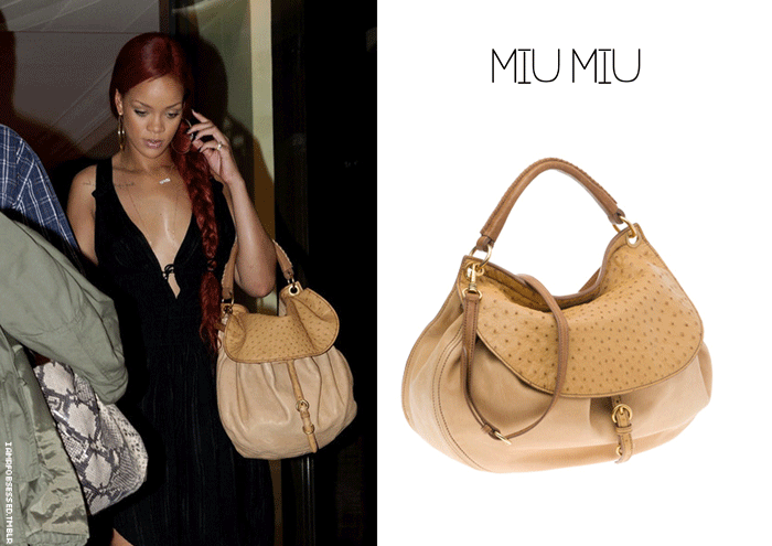 (May 8th) While in Paris Continuing with Promoting Nivea&#8217;s 100 years campaign, Rihanna was seen leaving her hotel in a black dress accompanied by a pair of nude christian loutboutin&#8217;s pumps and a leather ostrich Hobo bag by Miu Miu.