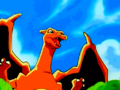 Charizard usando lança-chamas na Ilha do Pokémon Gigante