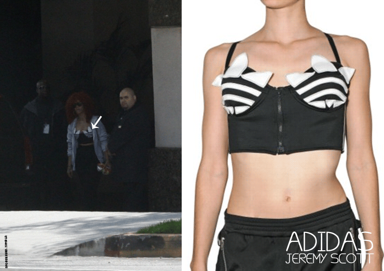 (May 17th) Rihanna spotted out and about in Los Angeles again. If you can make it out in this blurry pic she&#8217;s wearing a Jeremy Scott Adidas busiter a little similar to the one she wore for her Rolling Stone feature last year. This bustier is available to purchase at Luisaviaroma at a limited stock for £109.00 ($209.20).