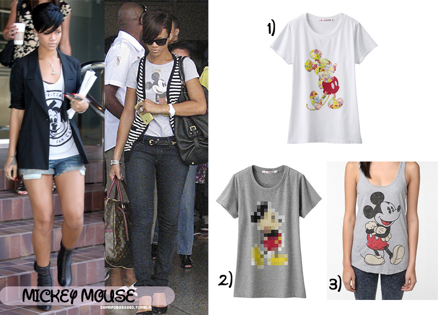 Rihanna seen in two different versions of Mickey mouse tops. If interested they are similar style tops available to buy through&#8230;
1) Uniqlo (floral Mickey) £21.99 ($21.00)
2) Uniqlo £21.99 ($21.00)
3) Urban outfitters $14.99