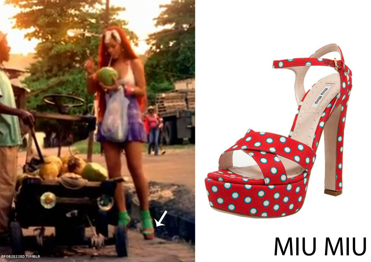 Rihanna in her latest video &#8216;man down&#8217; in a pair of Miu Miu polka dot platform heels.