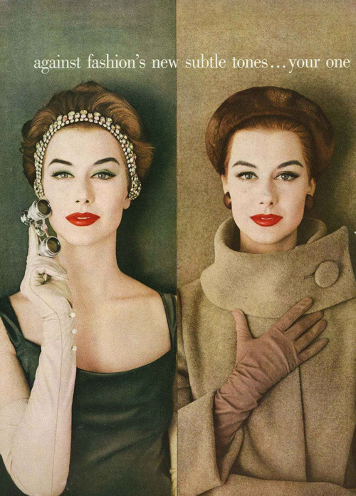 theniftyfifties:  ‘Against fashion’s new subtle tones’…  1956. 