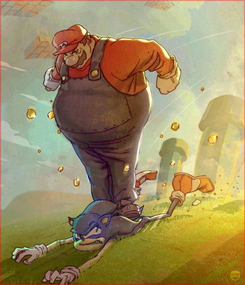 justinrampage:

Sonic was safe until he decided to grab up gold coin in Mario’s Mushroom Kingdom. Hilarious piece by artist Coran Stone.
Related Rampages: The Big Guns | Meet Mr. Wilson (More)
Game Stops Now by Coran  Stone (deviantART) (CGHUB) (Twitter)

