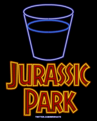 A neon poster for Jurassic Park - you&#8217;ll have to provide your own sound effects.<br />
It would&#8217;ve been fun to animate a neon T-rex for this poster, but Spielberg does such a great job of building up the tension before he&#8217;s revealed - the classic cup scene seemed like a more appropriate image.<br />
Besides, for The Lost World poster I get to animate 2&#160;T-rexes pulling a man apart. Cool! 