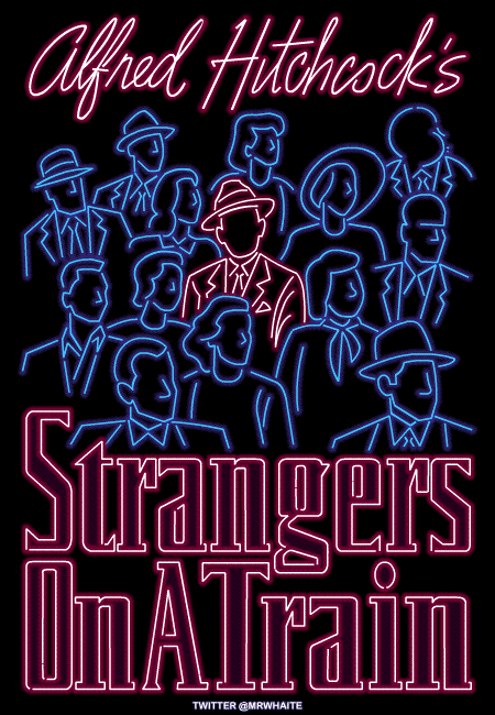 It&#8217;s the Wimbledon finals this weekend, so I thought this would be a suitable neon poster to mark the occasion. It&#8217;s the creepy scene from Strangers on a Train where Guy Haines (Farley Granger) is being stalked by Robert Walker&#8217;s murderous Bruno.<br />
At a tennis match the crowd watch the ball play back and forth while Bruno remains motionless, staring menacingly across the court at Guy.<br />
A classic Hitchcock moment - can you spot him in the crowd?