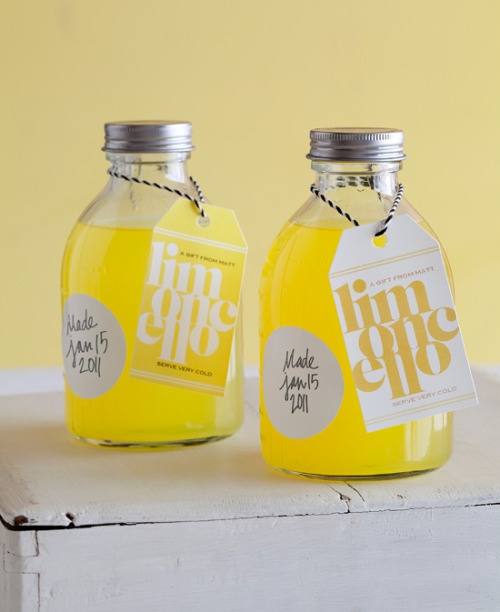favorcraver:  Homemade limoncello with slick DIY labels. Check out the details on the label making project at Matt Bites.  Love these! Maybe cause they’re such an awesome bright yellow….