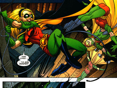 Stephanie Brown, as Robin, swinging by a line saying 
