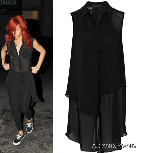 Rihanna spotted out and about in NYC in designer Alexander Wang&#8217;s Asymmetric chiffon top finished off with a pair of vans which seems to be a favourite of hers now.