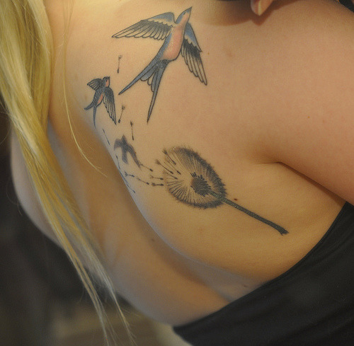 :Back Tattoo Ideas for Women: Swallows and Dandelion Tattoo ...